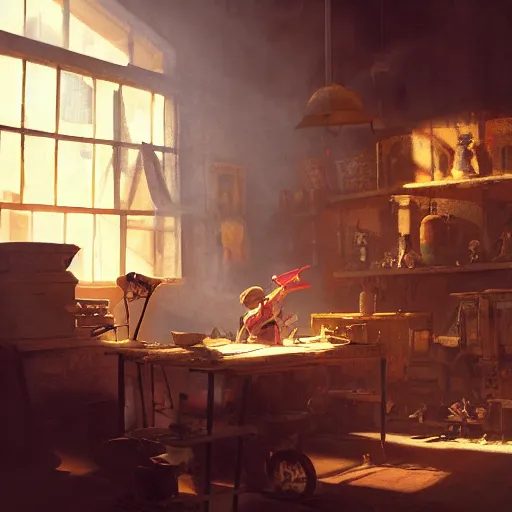 Prompt: A dusty toymaker’s workshop lit by a large glowing window, volumetric atmosphere with dramatic sunlight and shadows, Dean Morrissey and Craig Mullins photo illustration, highly detailed, 8k resolution, hyperrealistic, Maya render.