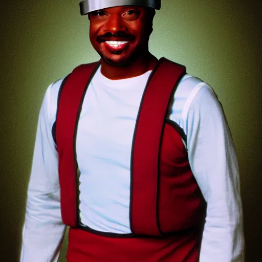 Image similar to Geordi LaForge wearing visor and a colander and random kitchen tools on his head