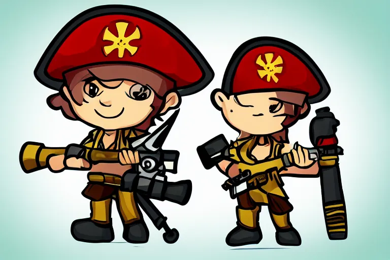 Prompt: little man with a pirate hat holds a bazooka, chibi, game character design