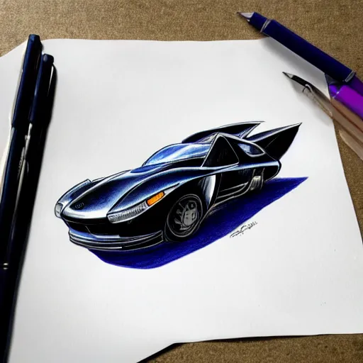 Prompt: ballpoint pen drawing of the batmobile