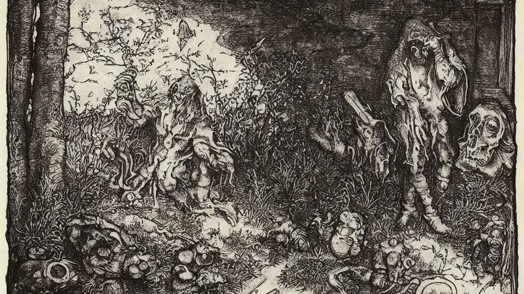 Prompt: a necromancer in a graveyard at night performing a spell to raise the dead by Albrecht Dürer