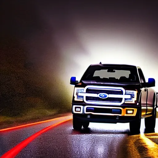 Image similar to ford f - 1 5 0 driving behind a car on the highway with the highbeams on, nighttime, photo, detailed