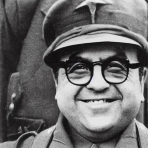 Prompt: Danny DeVito as an soldier during WW2, grainy monochrome photo