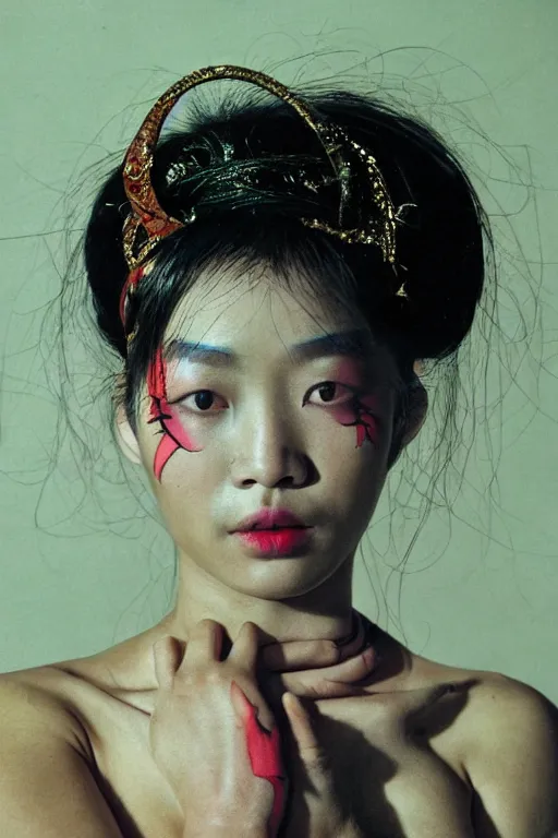 Prompt: hyperrealism close-up fashion asian woman portrait by Terry Richardson photo from The Holy Mountain by Alejandro Jodorowsky in style of Francisco Goya