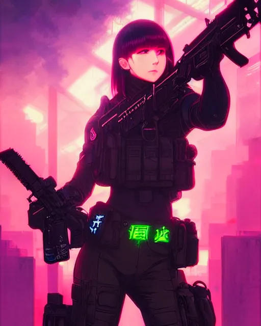 Image similar to anime key visual of a female officer, swat vest, neon, cyberpunk, futuristic, stunning, highly detailed, digital painting, smooth, soft focus, illustration, movie poster, japanese typography, digital art from artstation by artgerm and greg rutkowski and alphonse mucha