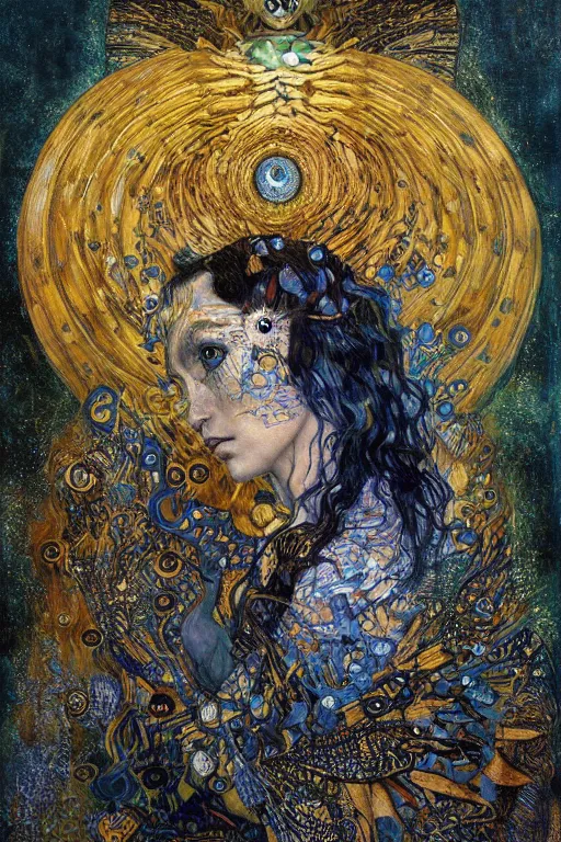 Image similar to Metamorphosis by Karol Bak, Jean Deville, Gustav Klimt, and Vincent Van Gogh, transformational chimera portrait, visionary, cicada wings, otherworldly, fractal structures, ornate gilded medieval icon, third eye, chrysalis, spirals, horizontal symmetry