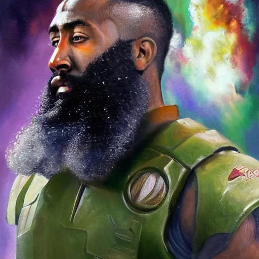 Image similar to ultra realistic portrait painting of james harden as master chief, art by frank frazetta, 4 k, ultra realistic, highly detailed, epic lighting