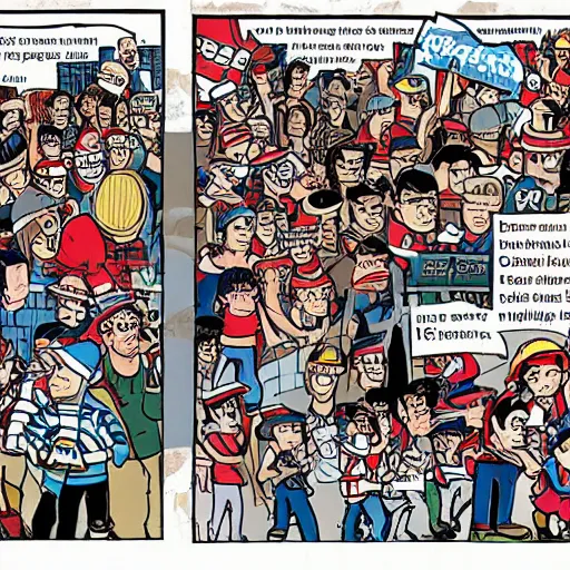 Prompt: page from a Where's Waldo book set at the US Capitol riot