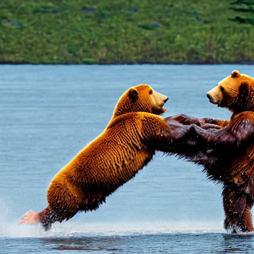 Image similar to kodiak bears kung - fu fighting on a lakefront using salmon as weapons, in the style of the flinstones,