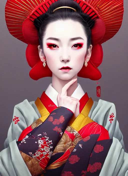 Image similar to dreamlike luxury stunning oiran portrait, red and gold kimono, art by artgerm, wlop, loish, ilya kuvshinov, 8 k realistic, hyperdetailed, beautiful lighting, detailed background, depth of field, symmetrical face, frostbite 3 engine, cryengine,