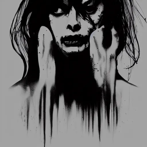 Prompt: grunge drawing of margot robbie in the style of the grudge | horror themed