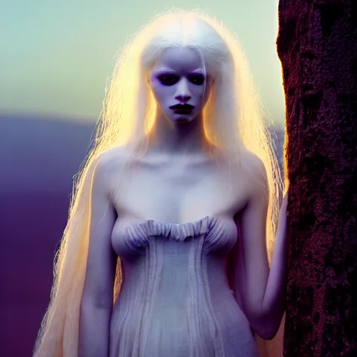 Image similar to photographic portrait of a stunningly beautiful albino gothic female in soft dreamy light at sunset, contemporary fashion shoot, by edward robert hughes, annie leibovitz and steve mccurry, david lazar, jimmy nelsson, breathtaking, 8 k resolution, extremely detailed, beautiful, establishing shot, artistic, hyperrealistic, beautiful face, octane render