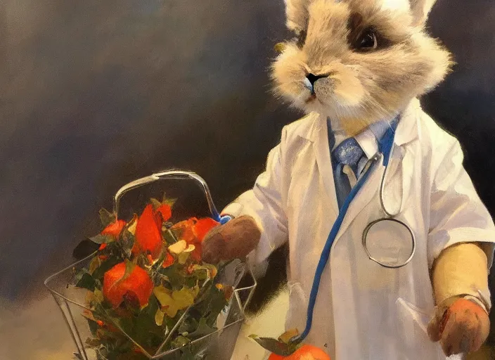 Image similar to a highly detailed beautiful portrait of a bunny wearing a doctor costume, by gregory manchess, james gurney, james jean