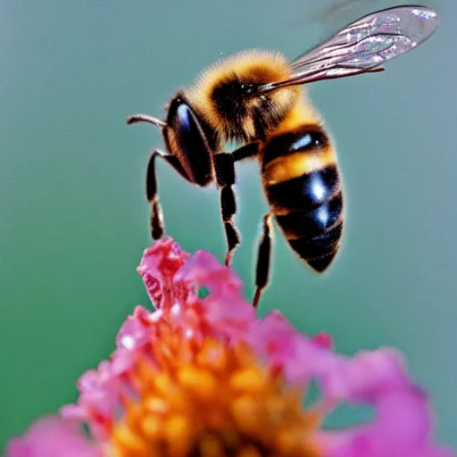 Image similar to macro photo of bee drinking water from droplet, kodak portra 4 0 0 color negative film