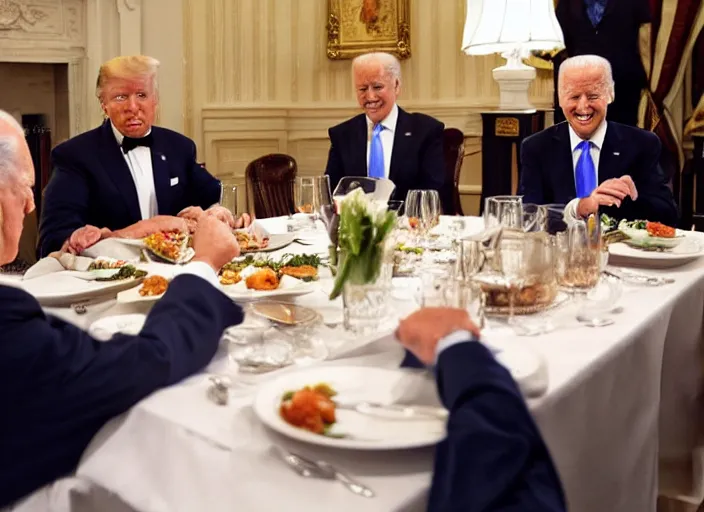 Image similar to Trump and Biden having dinner at a fancy Greek restaurant, award winning cinematic photography, 50 mm, blurred background, trending on twitter