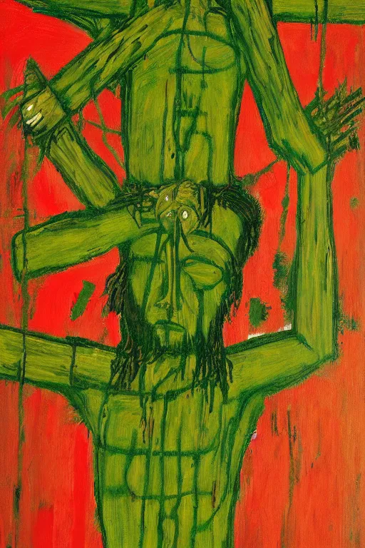 Image similar to green jesus christ crucified painted by cy twombly and basquiat