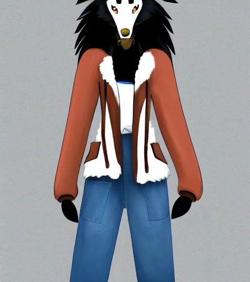 Prompt: expressive stylized master furry artist digital colored pencil painting full body portrait character study of the sergal wolf fursona animal person wearing clothes jacket and jeans by master furry artist blotch