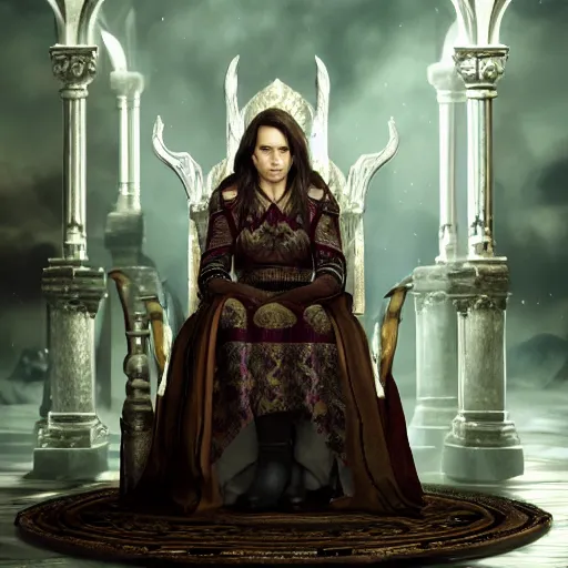 Prompt: the elder scrolls vi, charismatic gracious humble regal brunette female jarl, portrait, throne room, atmospheric lighting, painted, intricate, volumetric lighting, beautiful, daytime, sunny weather, slight overcast, sharp focus, deep colours, ultra detailed, by leesha hannigan, ross tran, thierry doizon, kai carpenter, ignacio fernandez rios