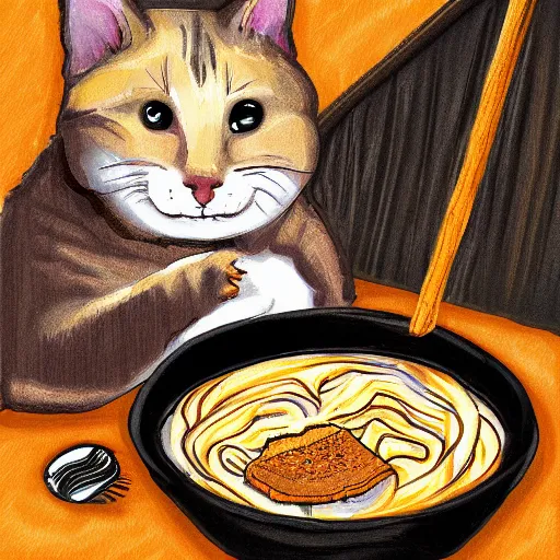 Prompt: fat cat eating indome mi goren noodles on peanut butter toast, digital art