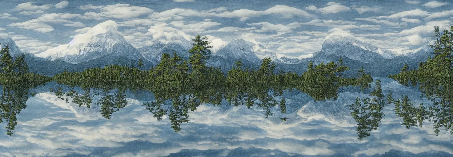 Image similar to escher painting of a lake, big trees reflecting on lake surface, mountains at background, snowy, ultra sharp, ultra detailed, colorized by salvador