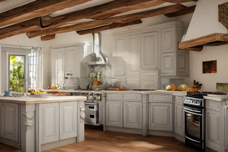 Image similar to Photography of Provence style kitchen with cat in the center, photorealism