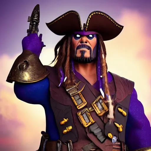 Image similar to thanos as jack sparrow, highly detailed, trending on artstation