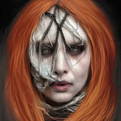 Image similar to portrait of a Shibari rope wrapped face and neck, headshot, insanely nice professional hair style, dramatic hair color, digital painting, of a old 15th century, old cyborg merchant, amber jewels, baroque, ornate clothing, scifi, realistic, hyperdetailed, chiaroscuro, concept art, art by Franz Hals and Jon Foster and Ayami Kojima and Amano and Karol Bak,