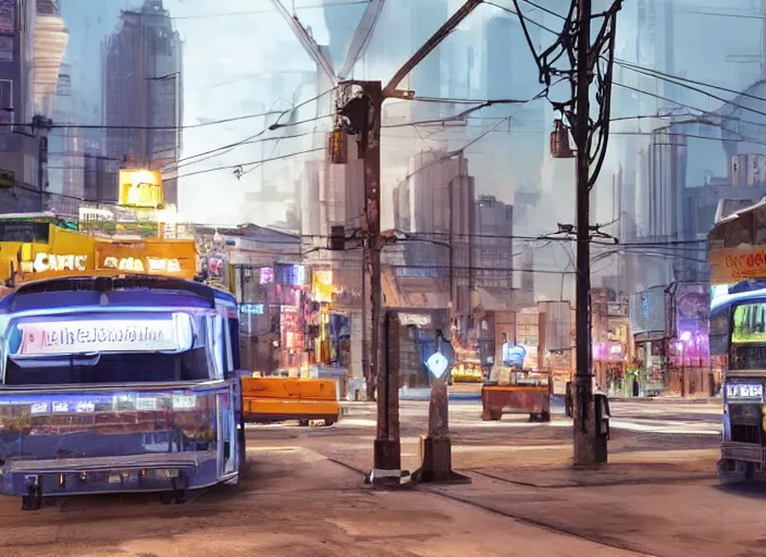 Image similar to trolleybus stands at a stop, headlights shine with neon light, atmospheric, futuristic, cyberpunk, ray tracing global illumination, 8 k resolution, ultra detailed