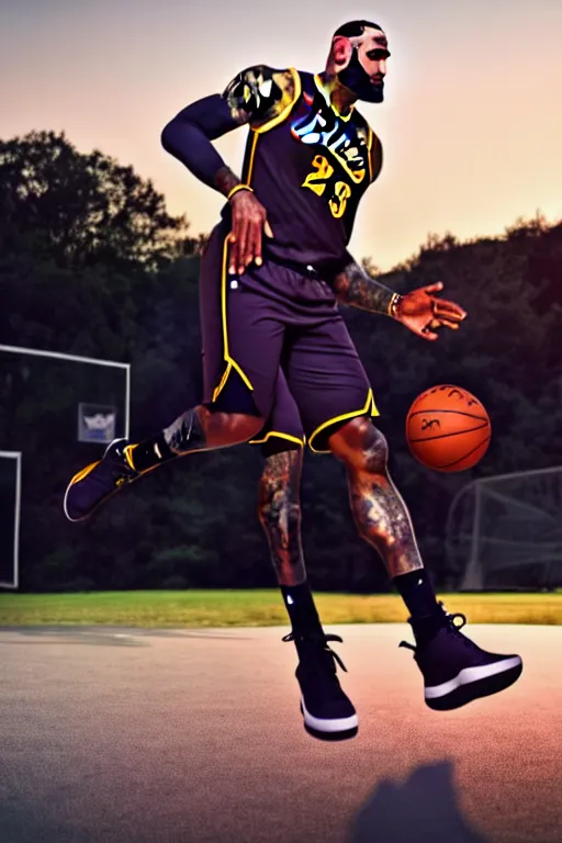 Prompt: lebron james playing basketball outside at sunset