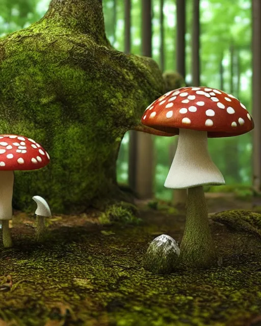 Image similar to Mushroom creature walking through a forest, octane render, professional cgi, highly detailed