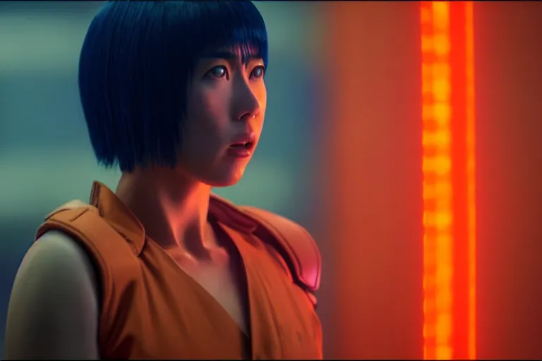 Image similar to major motoko wearing an orange prison jumpsuit hologram of a screaming child to her right, photography by fred palacio medium full shot still from bladerunner 2 0 4 9, sci fi, bladerunner, canon eos r 3, f / 3, iso 2 0 0, 1 / 1 6 0 s, 8 k, raw, unedited