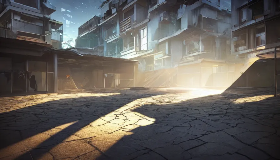 Image similar to Bright Beams of Light Shoot out of cracks in the ground, Futuristic Favela, Hyperrealistic Rendering, Photorealism, Raytracing, Anamorphic Lens, Artstation