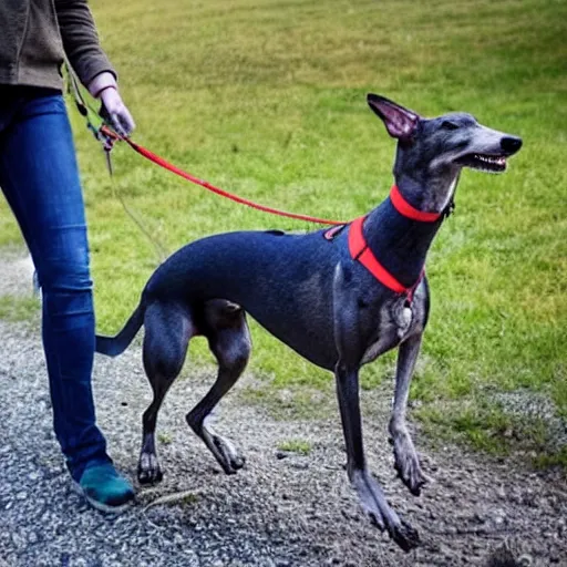 Prompt: greyhound taking a human for a walk, the human is the one on the leash