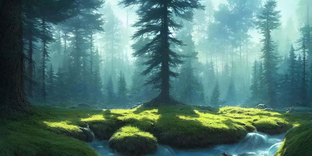 Image similar to flat landscape of a pine forest with a small stream, blue sky, detailed, concept art, high detail, realistic, warm lighting, volumetric, godrays, vivid, artstation, digital painting by jordan grimmer and greg rutkowski