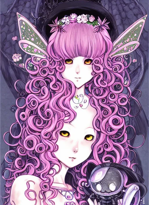Image similar to dark fantastic manga character design of beautiful cat girl witch with a robot, pink curls hair, rococo dress, symmetrical face, cute, fairy, by mai yoneyama, takeshi obata, katsuhiro otomo, detailed background, illustration, artstation, concept art, highly detailed, colorful, maximalist