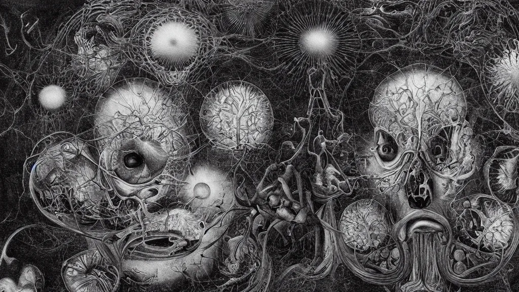 Image similar to a beautiful dreamy painting of coronavirus inside a growing high-resolution television screen, dark, face, sinister, detailed, art by M.C. Escher and Ernst Haeckel