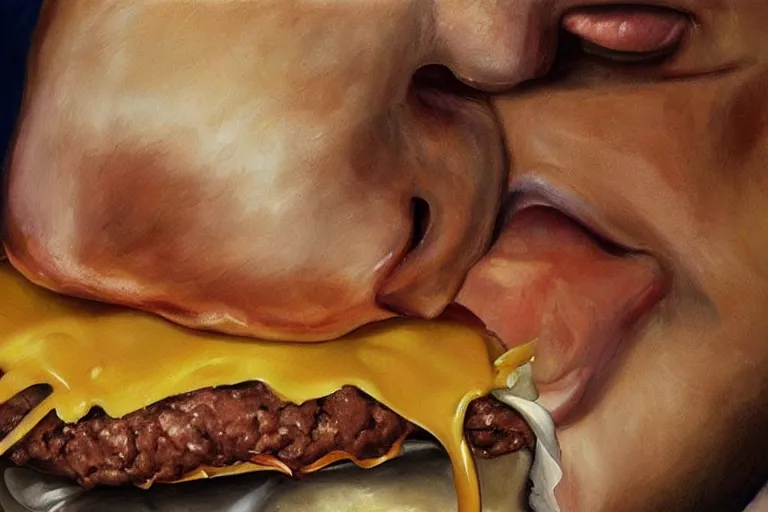 Image similar to realistic painting by jenny saville of!! donald trump!! licking a! cheeseburger!, art by jenny saville and tom bagshaw, detailed, sharp, smooth,! hamburger!