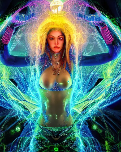 Image similar to a powerful energy psychedelic matrix sorceress, by alexander fedosav, hyper detailed digital matte painting, concept art, hyperrealism, 1 6 k resolution, cinema 4 d, 8 k resolution, trending on artstation, behance hd, a masterpiece, by stephan martiniere, particles, cel - shaded, power bright neon energy, by david a. hardy,