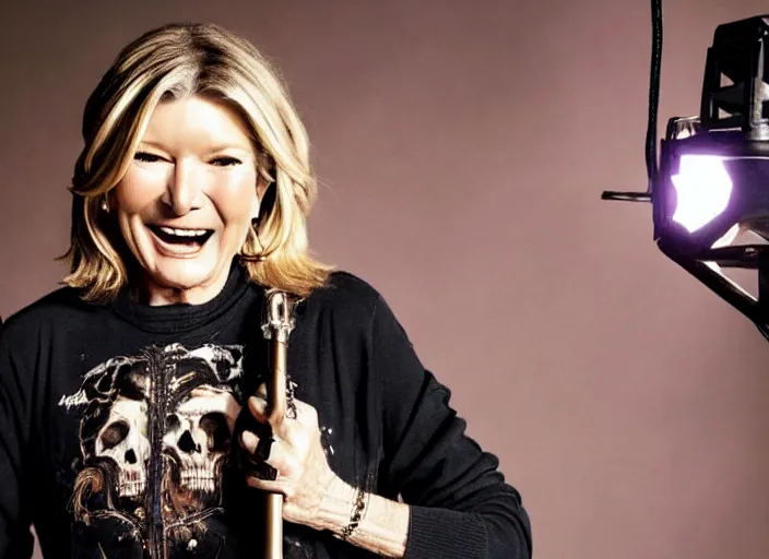 Image similar to publicity photo still of martha stewart in a death metal band playing live on stage, 8 k, live concert lighting, mid shot