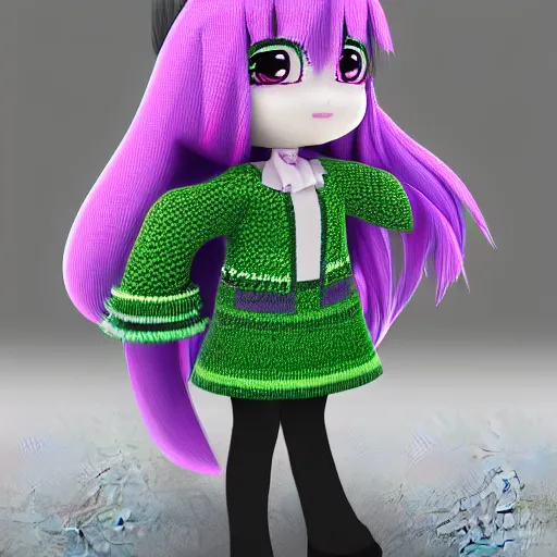 Image similar to cute fumo plush of a girl in a purple and green checkerboard woolen sweater, anime girl, vray