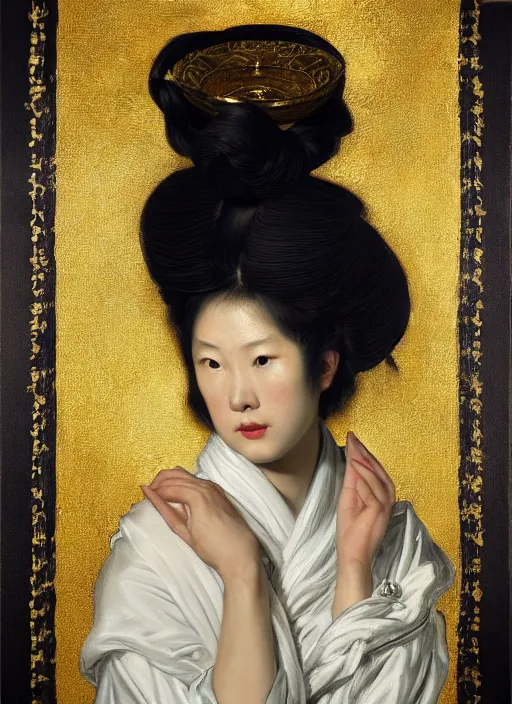 Image similar to highly detailed oil painting | very intricate | cinematic lighting | black, white and gold color scheme, dark background | asian woman in kimono | by roberto ferri, by gustav moreau, by singer sargent and klimt, american romanticism, occult art | by austin osman spare, artstation, cgsociety, official art, octane