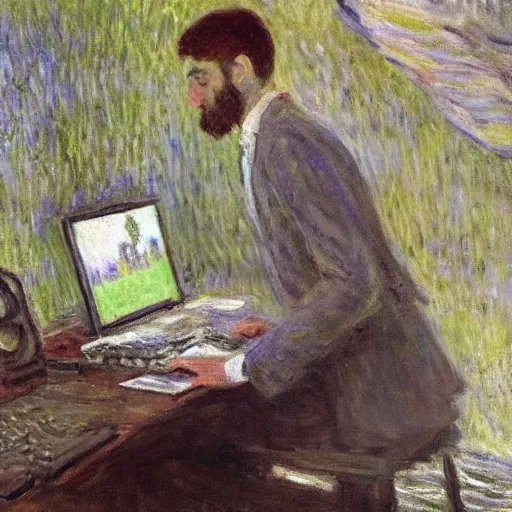 Image similar to monet painting of a skinny man playing warzone on a computer, a soccer game is on the tv behind him, highly detailed, realistic,