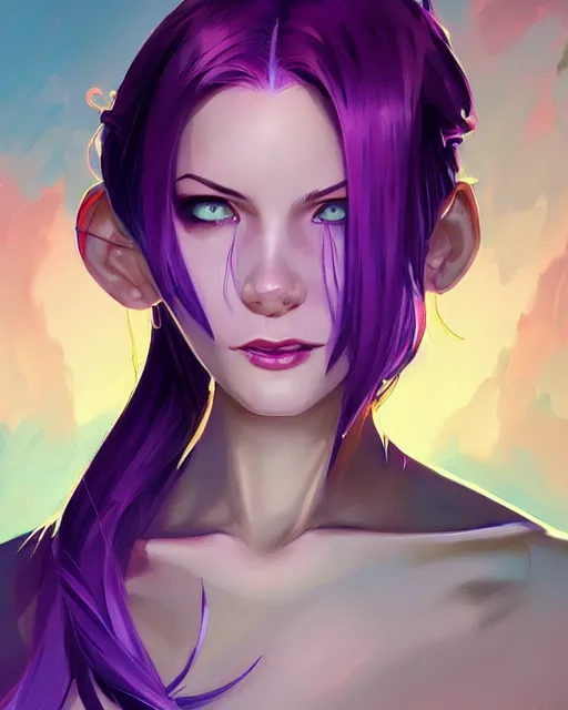 Image similar to beautiful female purple hair tattoo symmetrical face eyes happy full length fantasy art icon, 2d art cover , official fanart behance hd artstation by Jesper Ejsing, by RHADS, Makoto Shinkai and Lois van baarle, ilya kuvshinov, rossdraws