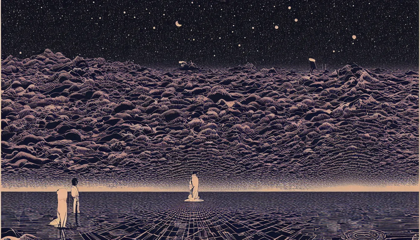 Image similar to standing in a lake looking at reflection of the night sky by woodblock print, nicolas delort, moebius, victo ngai, josan gonzalez, kilian eng