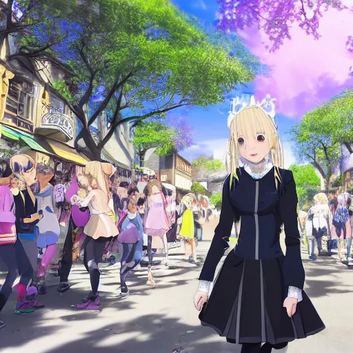 Image similar to blonde - haired princess, anime princess, wearing black jacket and white leggings, looking through crowd, town street, festival street, trees, green trees, blue lighting, blue sunshine, strong lighting, strong shadows, vivid hues, ultra - realistic, sharp details, subsurface scattering, intricate details, hd anime, 2 0 1 9 anime