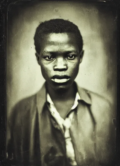 Image similar to dreamy close up portrait of a congolese, photo realistic, elegant, award winning photograph, parallax, cinematic lighting, ambrotype wet plate collodion by martin shuller, richard avedon dorothe lange and and shane balkowitsch