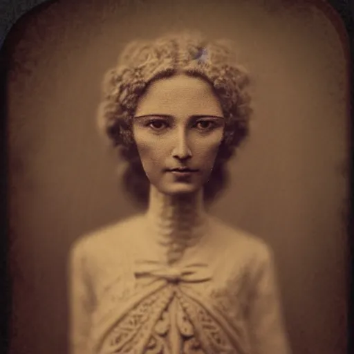 Image similar to tintype vintage photograph medium shot portrait of a beautiful female jointed handmade wooden art doll, made of wood!!!!!, by agostino arrivabene, by fernand khnopff, volumetic lighting, rendered in octane, photography, photorealistic, detailed