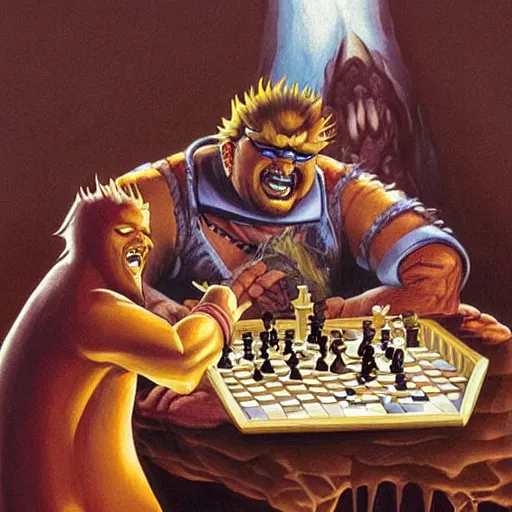 Prompt: A Beholder from Dungeons & Dragons playing chess with Guy Fieri, drawn by Boris Vallejo, highly detailed, intricate rendering