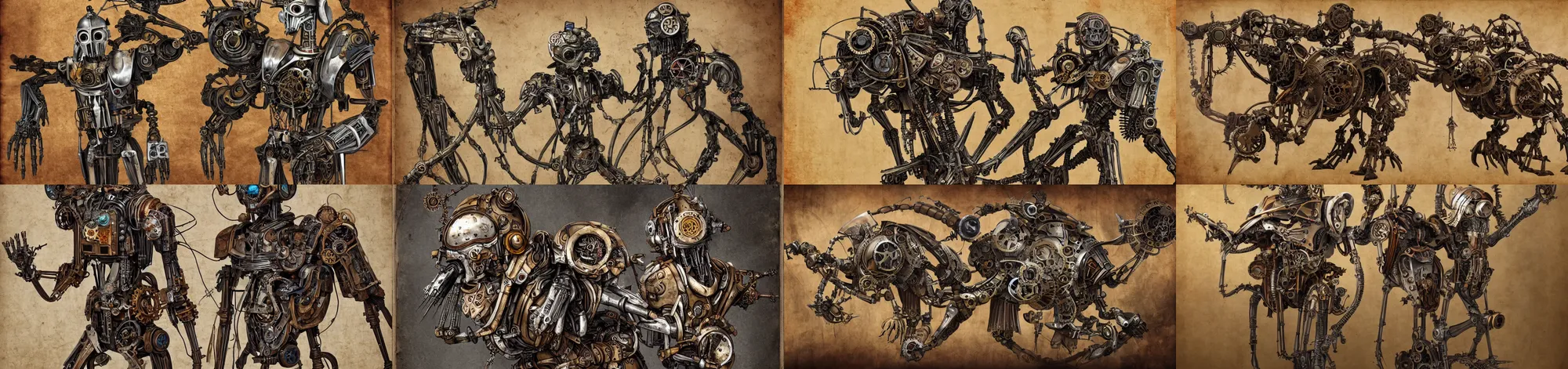 Prompt: general grievous, steampunk automaton, mechanical, medieval style fresco, mutant, detailed, clockwork, 4 k, fineart, anatomy of a machine, manuscript