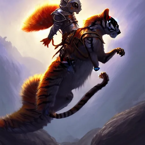 Image similar to Squirrel knight riding tiger, magic the gathering artwork, D&D, fantasy, cinematic lighting, centered, symmetrical, highly detailed, digital painting, artstation, concept art, smooth, sharp focus, illustration, volumetric lighting, epic Composition, 8k, art by Akihiko Yoshida and Greg Rutkowski and Craig Mullins, oil painting, cgsociety